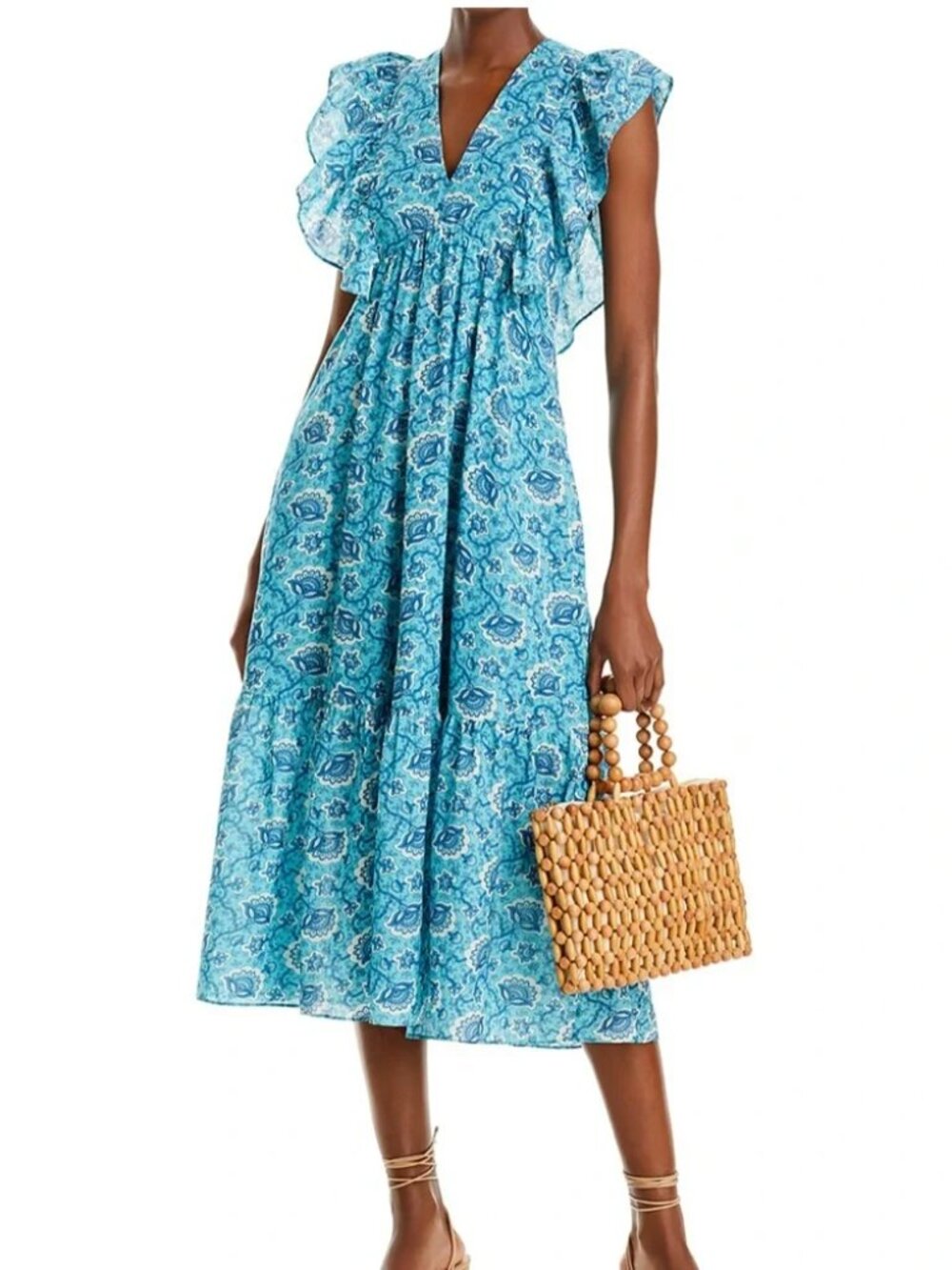 Rhode Tasha Midi Dress in Aqua Lotus V Neck Flutter sleeve tiered Cotton maxi